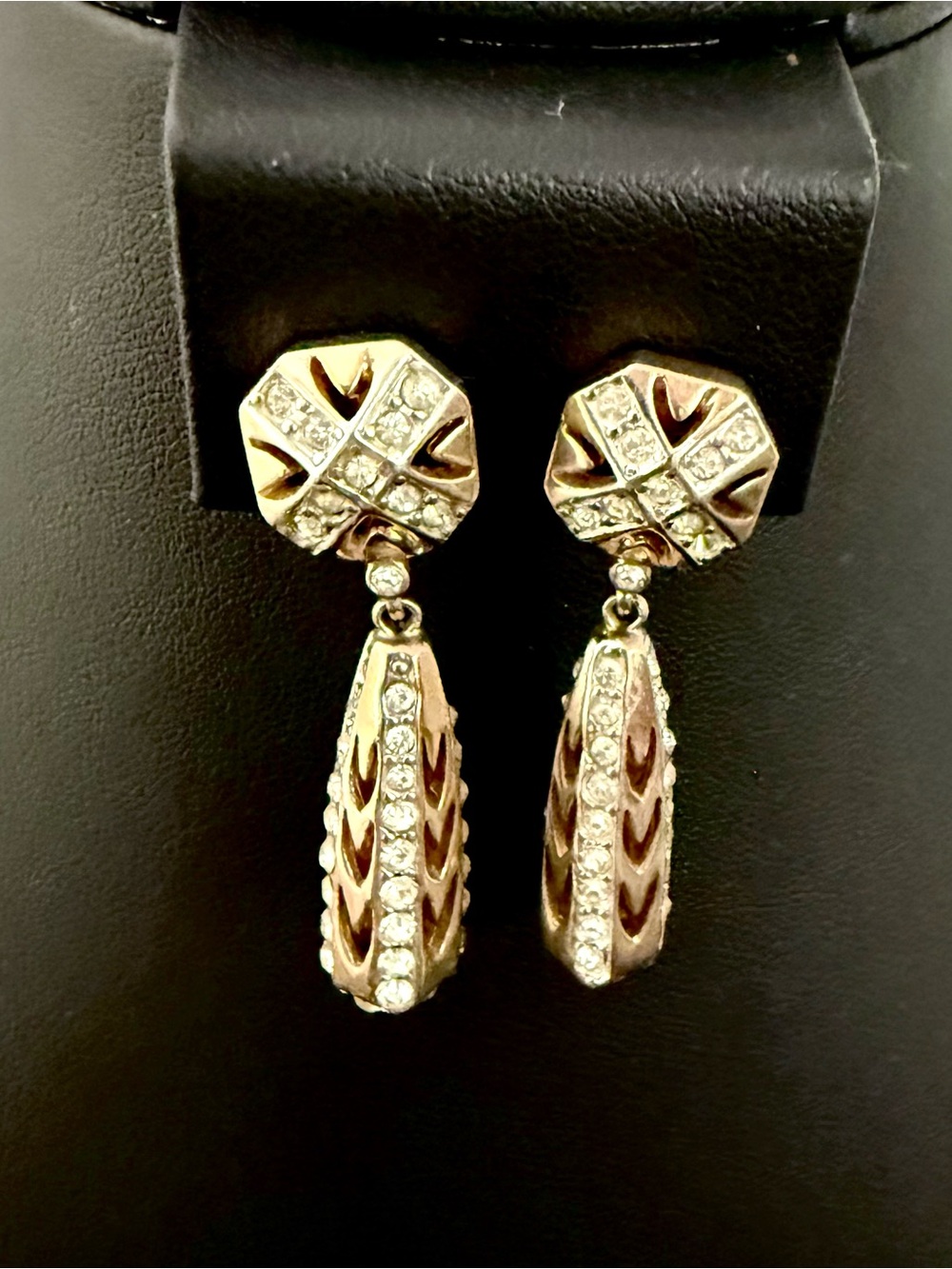 Art Deco Style Gold Tone Rhinestone Geometric Dangle Clip On Earrings 1.5"